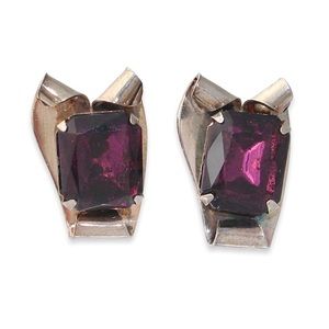 Vintage 1940s Amethyst Glass Sterling Silver Screw Back Earrings Emerald Cut